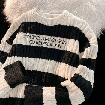 Rudens Ziemas Vēstuli Izšuvumi Svītrains Džemperis Sievietēm Harajuku Streetwear Modes Vintage Adīt Džemperi O-veida kakla garām Piedurknēm Augšu