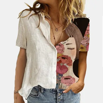 Sieviešu Krekls Vintage Print Pogu Up Blūze ar Īsām Piedurknēm Top Sieviešu Apģērbu 2021 Blusas Y Camisas Femme Y2k Topi 