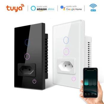 Tuya WiFi Sienas Touch Switch&Socket Brazīlija Standarta Rūdīta Stikla Panelis 1/2 Banda Smart Gaismas Slēdzi, kas strādā ar Alexa, Google Home