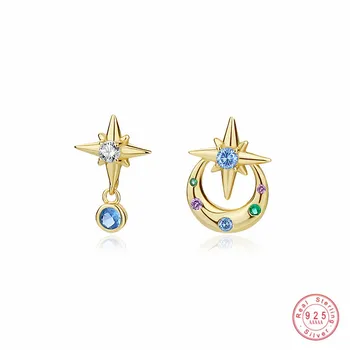 925 Sterling Sudraba Asimetriska Krāsains Zircon Zvaigžņu auskariem franču Modes Vienkāršu Rotaslietas, Aksesuāri Sievietēm