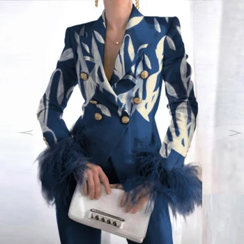 Elegants Savukārt Apkakle Dāma Uzvalks Topi Gadījuma Spalvu Raibs garām Piedurknēm Mētelis Sieviešu Modes divrindu Žaketes Virsdrēbes