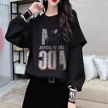 Long Sleeve Sieviešu T-krekli, Topi Apģērbi Estētisko Gadījuma Rudens Viltotas Divu Grafisko Rietumu Stila Pulovers Modes korejas pelēkā vārna