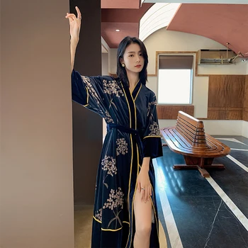 YAOTING Samta Kimono Drēbes Pasūtījuma Peldmētelis Sieviešu Sexy Sievietes halāti Nightie Navy Sleepwear Pidžamas Mājas Drēbes