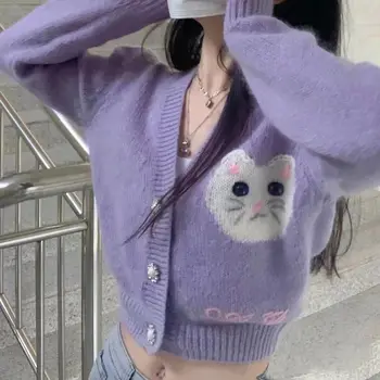 Kaķis Izšuvumi V-veida kakla Trikotāžas Jakas Sieviešu Violeta Mazo Smaržas Džemperis Rudens Ziemas korejiešu Stilā Šiks Salds Y2K Trikotāža