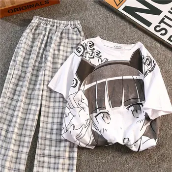 Anime T Krekli+Pleds Bikses 2-Gabals Komplekti Sievietēm Harajuku Tīņi Meitenes Gadījuma Treniņtērpi 2021. Gada Vasarā Japānas Studentiem Atbilstības Komplekti