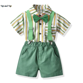 top un top Vasaras Bērnu Toddler Zēniem Ikdienas Apģērbu Komplekts Svītrainām Īsām Piedurknēm Bowtie Krekls+Zeķu Bikses Džentlmenis Apģērbs