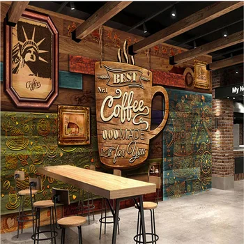 Pasūtījuma Advanced Vintage Cafe tapešu 3D Kafijas Nams Rūpniecības Dekoru, Koka Dēļu Reljefa Faktūru sienas Sienas Tapetes, 3D