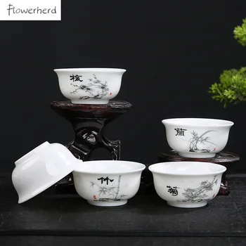 Balta Porcelāna Tējas Tasi Teaware Kung Fu Tējas Komplekts Kausa Roku Darbs Plānas Plūmju Orhideju Bambusa Krizantēmu Keramikas Teacup Master Cup