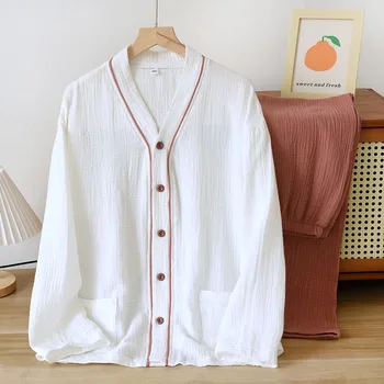 Japānas jaunā pavasara un rudens dāmas pidžamu garām piedurknēm, garās, divus-gabals, kas 100% kokvilnas, krepa loungewear V-veida kakla plānas uzvalks