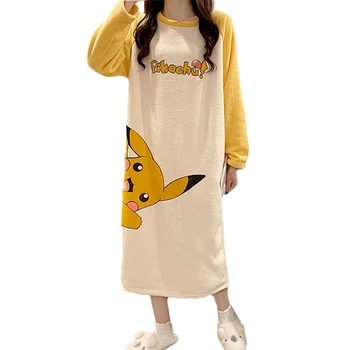 Pieaugušo Ziemas Nightdress Karikatūra Anime Pokemon Kucēns Flaneļa Pidžamas Rudens Sabiezējumu Homewear Sieviešu Longsleeved Sleepwear Uzvalks