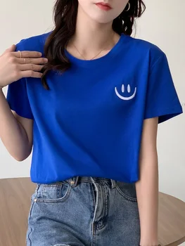 TuangBiang Vasaras 2022 Izšuvumi Smaidiņu Kokvilnas Zils T-Krekls Korejas Gadījuma O-Veida Kakla Īsām Piedurknēm Zaudēt Tshirt Sieviešu Rudens Topi