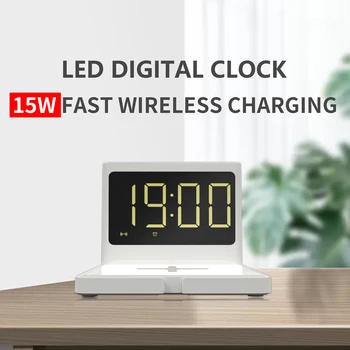LED Displejs, Bezvadu Lādētājs ar elektronisko modinātājs pulkstenis 12/24 stundu bezvadu lādēšanas statīvs 15W, iPhone, Samsung un Huawei