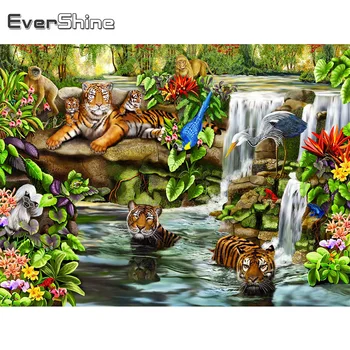 Evershine Dimanta Izšuvumi Tiger Cross Stitch Dimanta Krāsošana Dzīvnieku Rhinestone Attēlu Ūdenskritums Mozaīkas Rokdarbi Sienas Māksla