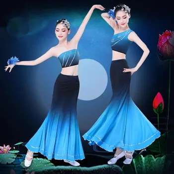 Zilā Pāva Dejotāju Tērpu Sievietēm, Bērniem, Dai Deju Ķīnas Tautas Deju Apģērbu Festivāla Skatuves Sniegumu