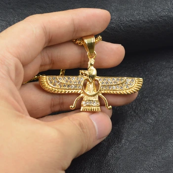 Zelta krāsā Ahura Mazda Farvahar Zoroastrian persiešu nerūsējošā tērauda, kulons, kaklarota, pieņemt piliens kuģniecība
