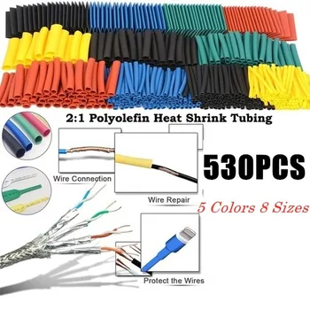530PCS/Set Heat shrink tube komplekts Izolācijas Sleeving termoretractil Poliolefīna Samazinās Asorti Siltuma Sarukt Caurules, Stieple, Kabeļu