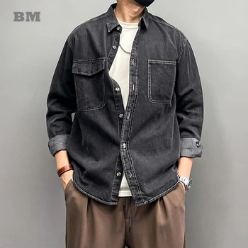 Japāņu Streetwear Modes Augstas Kvalitātes Džinsa Krekli Vīriešu Apģērbu Harajuku Kravas Garām Piedurknēm Topi Pavasara Rudens Gadījuma Mēteļi