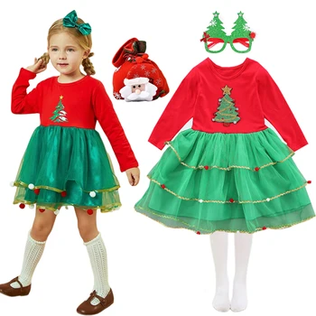 2022 Jaunu Ziemassvētku Meitene Tutu Kleitas Santa Claus Bērnu Apģērbu Ar Garām Piedurknēm Bērniem Kostīmu 1-6 Gadiem