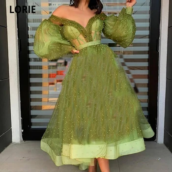 LORIE Elegants Zaļās Pērles Balles Kleitu 2022-line Potītes Garums Puff Pilnu Piedurknēm Oficiāla Vakara Puse Kleita Cocktail Dress Dubai