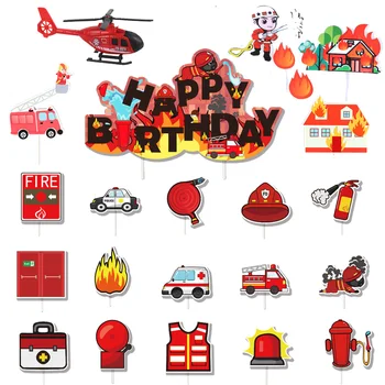 Ugunsdzēsējs Kūka Topper Cupcake Toppers Ugunsdzēsības Hidrantu Kravas automašīnu Ugunsdzēsēja Ķivere Tēma par Bērniem, Zēns, Meitene Happy Birthday Cake Decoration