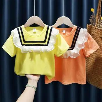 Ruched Mežģīnes Meitenes T Krekls ar Īsām Piedurknēm Vasaras Bērnu Apģērbu Kokvilnas Cietā Bērniem Drēbes, Krekls Topi Boutique Kids Apģērba