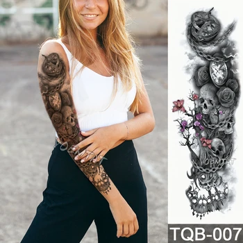 Jauns 1 Gabals Pagaidu Tetovējumu Uzlīmes Galvaskausa Pulksteņa Rožu Ziedu Raksts, Pilna Ziedu Tetovējums Ar Roku, Ķermeni, Mākslas Lielu Lielu Viltus Tetovējums