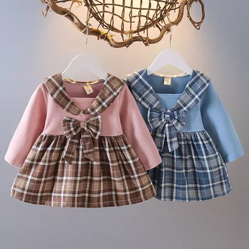 Rudens Modes 2021 Zilā Baby Girl Apģērbu ar garām Piedurknēm Kleita Meitenēm FakeTwo-gabals Meitenes Kleita Bērnu Apģērbu 2-6 Vecums