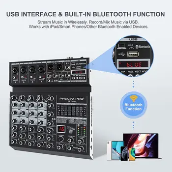 PHENYX PRO PRX-600 Miksēšanas pults 16 DSP Efekti, 6 Kanālu ar Stereo Ekvalaizers, 3-Band EQ, USB/Bluetooth Funkciju DJ