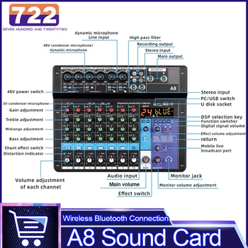 A8 Skaņas Kartes Audio Miksēšanas pults Skaņas Tabula Valde ar 8 Kanālu USB Bluetooth Digitālo MP3 Datora Ievade 48V Phantom Power