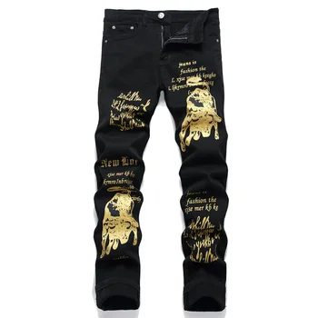 Jauna Tendence Zelta Black Print Džinsi Slim Stiept Vīriešiem Zīmuli Bikses Vidū-Vidukļa Ikdienas Apģērbu