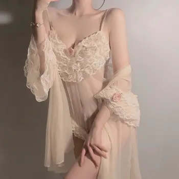 Vasaras Sieviešu Sleepwear franču Retro Tiesa Stila Bikšturi Sexy Naktskrekls Nightdress Vintage Dāmas Pidžamu Mežģīņu Tērps