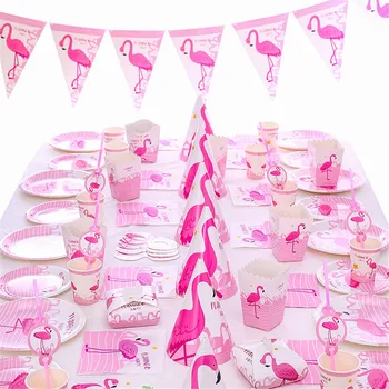 Flamingo puse, vienreizējās lietošanas krūzes un apakštasītes papīra dvieli salmu galda piederumu komplekts bērniem ir dzimšanas diena apdare baby dušas piederumi