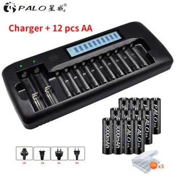 PALO 12 Slots Smart akumulatoru Lādētājs AA/AAA SC Ni-MH, Ni-CD Akumulators 3,7 V Li-jonu Akumulators 18650+12pcs AA baterijas