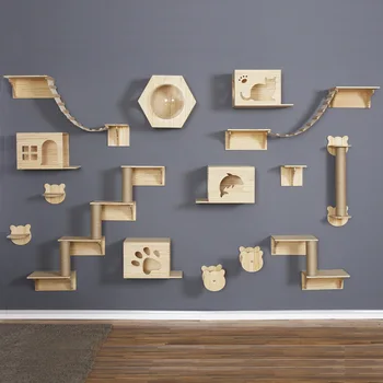 Kaķis kāpšanas karkasa var piestiprināt pie sienas, masīvkoksnes kaķu pakaiši koku kaķis sienas tipa lekt platformas, greifers pēc plate