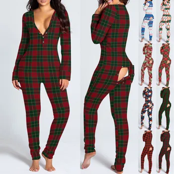 Sieviešu Ziemassvētku Drukāt Sexy Pyjama Priekšējā Atpakaļ Pogu uz Leju Funkcionālās Buttoned Atloks Sleepwear Long Sleeve Pieaugušajiem Jumpsuit