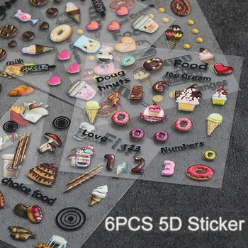 6 Loksnes/daudz 5D Nail Art Uzlīmes, Deserts, saldējums Donut Dizaina Uzlīmes Viltus Nagus Padomus Rotājumi Manikīra Piederumu Komplekts