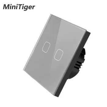 Minitiger ES/UK Standarta AC 220-250V Baltā Luksus Stikla Paneli 2 banda 1 veids Touch Sienas Sensors Gaismas Slēdzi