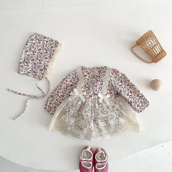 Baby Girl Kombinezonus ar garām Piedurknēm Romper Jumpsuits korejas Mežģīņu Ziedu Modes Jaundzimušo Salds Loku Baby Girl Romper Kleita Drēbes 0-24M