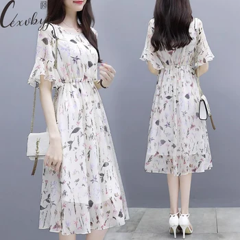 Korejas Modes Gadījuma Kleita Sievietēm Drukāt Slim Wasit Ziedu Kleitu 2022 Tauriņš Piedurknēm Šifona Kleita Plus Lieluma Vasaras Vestidos