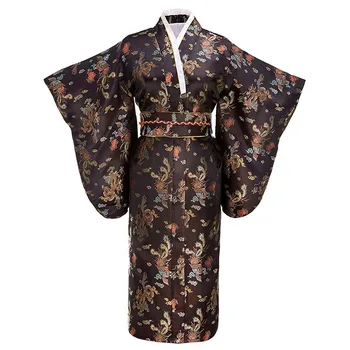 V-veida kakla Apģērbu Japāņu Sieviešu Tradicionālo Peldmētelis Kimono Kleita Drukāt Ziedu Kleitu Pilna Piedurknes Vakara Pusei Balles Kleita