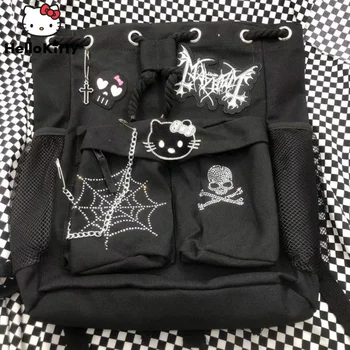 Hello Kitty Sākotnējā Pašdarinātu Tumši Punk Rock Mugursoma Meitenēm Aukliņu Soma Spider Web Schoolbag Harajuku Atdzist Stila Soma