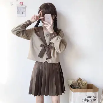 Japāņu Modes Skolā Vienotu maigas Meitene JK Vienotu Studentu Svārki Meitene Piena Tējas Tumši Brūns Vēja Jūrnieks Uzvalks Kroku Svārki Komplekts