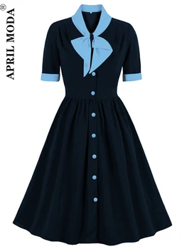 Raibs Vintage Midi Kleita Sievietēm Vasarā 50s Loku Apkakles Elegants Birojs Gadījuma Pogu Krekls Jurk Dāmas Retro Rockabilly Kleitas
