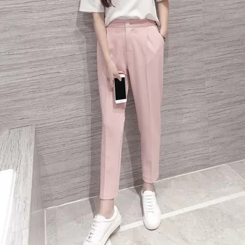 Karstā pārdošanas Jaunu korejiešu Sieviešu Klasisko Augsti Elastīgs Viduklis Harēma Bikses Sieviešu Modes Slim Šifona Potītes garuma Zīmuli Bikses