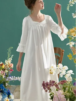 Vintage Mīkstu Kokvilnas Ilgi Nightgowns Sieviešu Pavasara Vasaras Trīs Ceturksnī Elegants Sleeepwear Grūtniecēm Nakts Kleita Plus Size