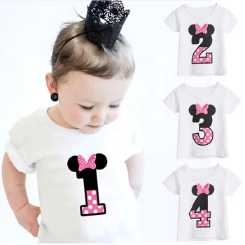 Baby Meitenes, 1. Gada Dzimšanas dienu T-krekls Bērniem Cute Karikatūra Kokvilnas Numurs 1 2 3 4 Drukāt Top Bērnu Loku Polka Dot matrix t-veida Krekls