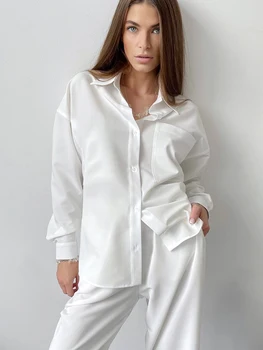 Hiloc Balta Šifona Sleepwear Kabatas, Atloks, Pidžamas Sievietēm Komplekti ar garām Piedurknēm Vienu-Krūšu Sieviešu Ziemas Drēbes Zaudēt Uzvalks