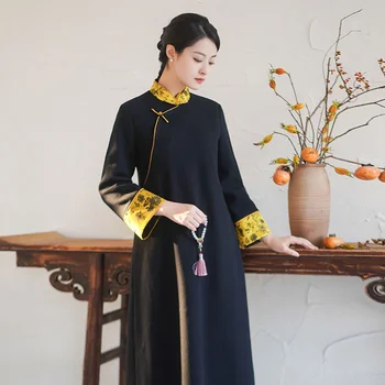 2022. Gadā-Pavasarī Un Rudenī Jaunu Ķīniešu Stila, Ar Garām Piedurknēm, Izšūšanas Black Retro Ilgi Tang Uzvalks Uzlabota Cheongsam Kleita Sievietēm