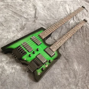Divkāršas kakla Galvām Elektriskā ģitāra ar Liesmoja Maple top, 6 stīgas Ģitāra + 4 stīgas, Bass Combo,Zaļā krāsā, augstas kvalitātes
