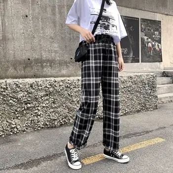 HOUZHOU korejiešu Stilā, Plaša Kāju Bikses Sievietēm Streetwear Plānas Vasaras Pleds Bikses Lielajam Sieviete Rūtainā Bikses ar Augstu Vidukli